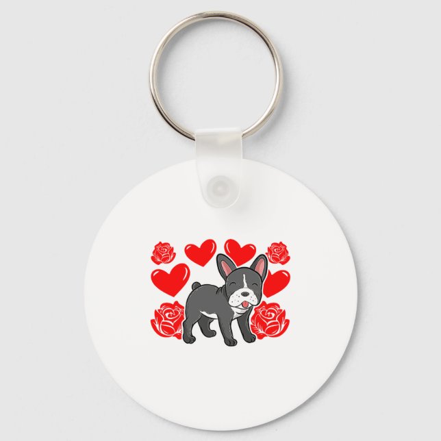Love Heart Valentines Day Roses French Bulldog Bo  Keychain (Front)