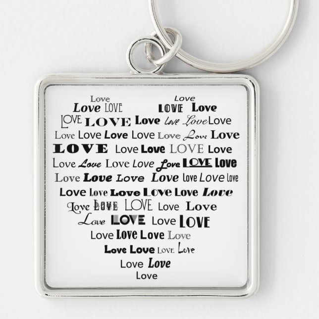 Love Heart Word Cloud - Black and White Keychain (Front)