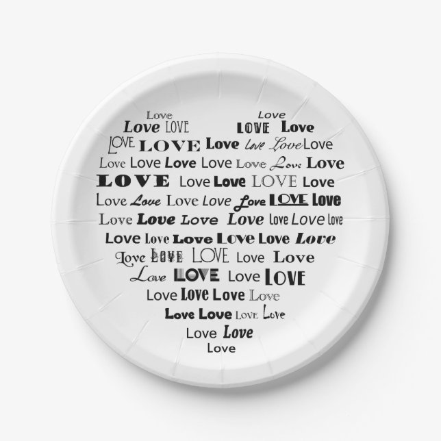 Love Heart Word Cloud - Black and White Paper Plate (Front)