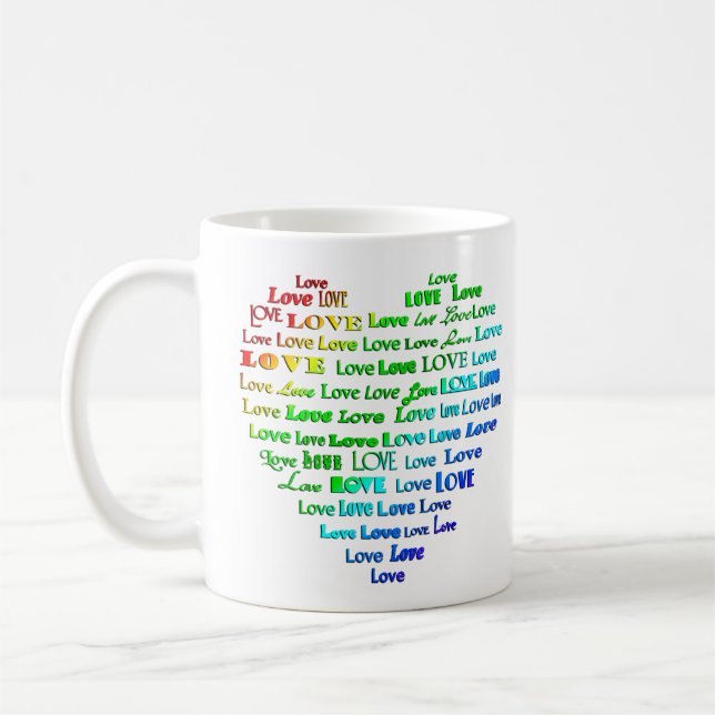 Love Heart Word Cloud in Rainbow Colours  Coffee Mug (Left)