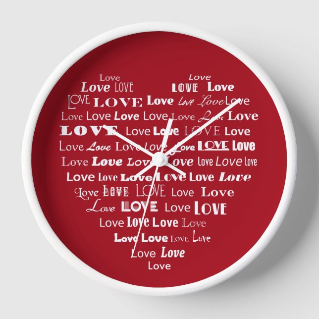 Love Heart Word Cloud - White on Dark Red Clock (Front)