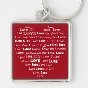 Love Heart Word Cloud - White on Dark Red Keychain