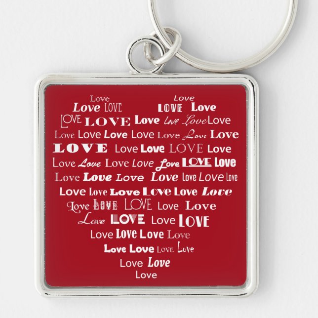 Love Heart Word Cloud - White on Dark Red Keychain (Front)