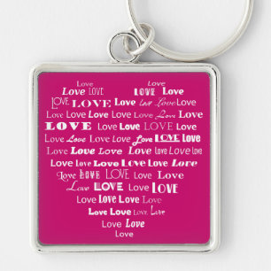 Love Heart Word Cloud - White on Fuchsia Pink Keychain