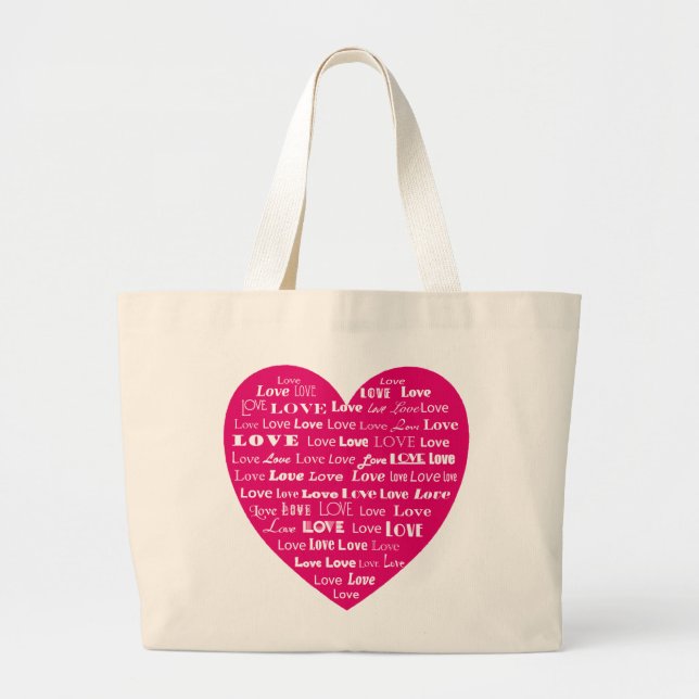Love Heart Word Cloud - White on Fuchsia Pink Large Tote Bag (Front)