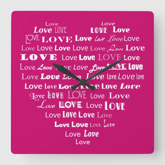 Love Heart Word Cloud - White on Fuchsia Pink Square Wall Clock (Front)