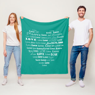 Love Heart Word Cloud - White on Turquoise Fleece Blanket