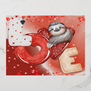 Love, Hearts And A Sloth Foil Holiday Postcard