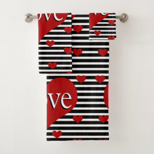 Love Hearts and Black White Stripes Bath Towel Set