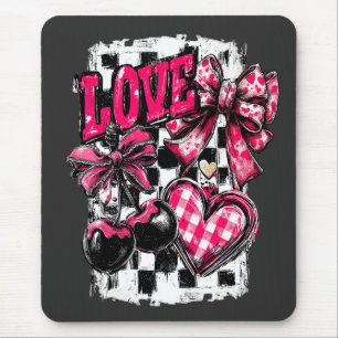 Love Hearts and Cherries Valentine Bow Mouse Pad