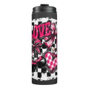 Love Hearts and Cherries Valentine Bow Thermal Tumbler