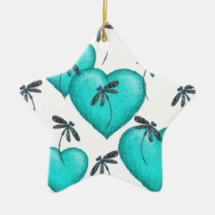 Love Hearts and Dragonflies Turquoise Ceramic Ornament