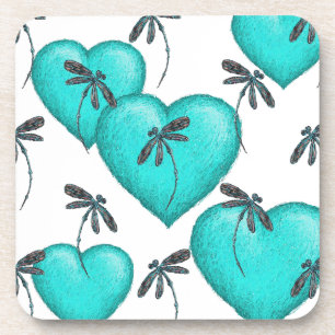 Love Hearts and Dragonflies Turquoise Coaster