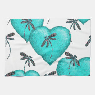 Love Hearts and Dragonflies Turquoise Kitchen Towel