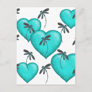 Love Hearts and Dragonflies Turquoise Postcard