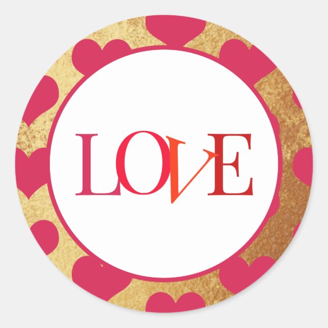 Love Hearts and Gold Foil Classic Round Sticker (Front)