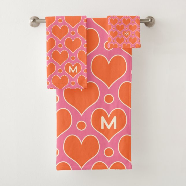 Love Hearts and Polka Dots pattern in Pink, Orange Bath Towel Set (Insitu)