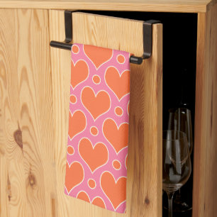Love Hearts and Polka Dots pattern in Pink, Orange Kitchen Towel