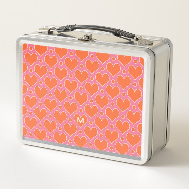 Love Hearts and Polka Dots pattern in Pink, Orange Metal Lunch Box (Front)