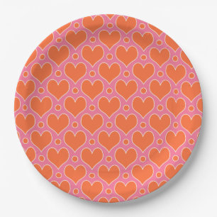 Love Hearts and Polka Dots pattern in Pink, Orange Paper Plate