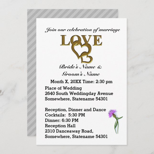 Love Hearts and Purple Thistle Wedding Invitation (Front/Back)