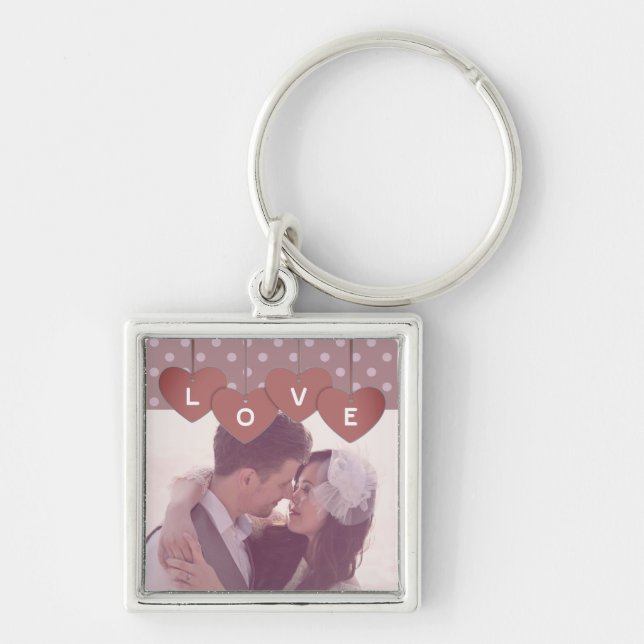 Love Hearts Banner Romantic Overlaid Custom Photo Keychain (Front)