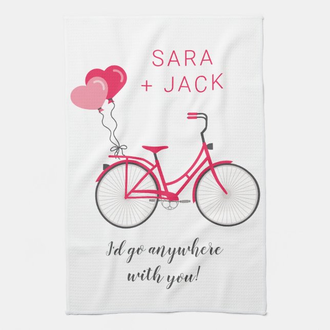 Love Hearts Bicycle Valentine Personalized Custom Kitchen Towel (Vertical)