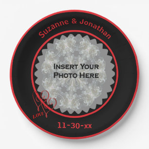 Love Hearts Black Personalized Wedding Photo Paper Plate