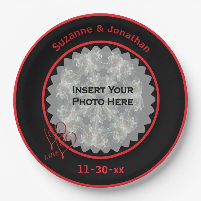 Love Hearts Black Personalized Wedding Photo  Paper Plate (Front)