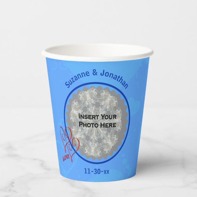 Love Hearts Blue Personalized Wedding Photo  Paper Cups (Front)