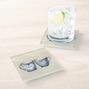 Love Hearts Cups Blue Jean Denim  Glass Coaster