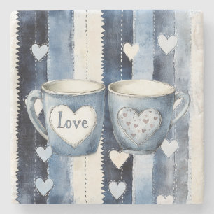 Love Hearts Cups Blue Jean Denim  Stone Coaster