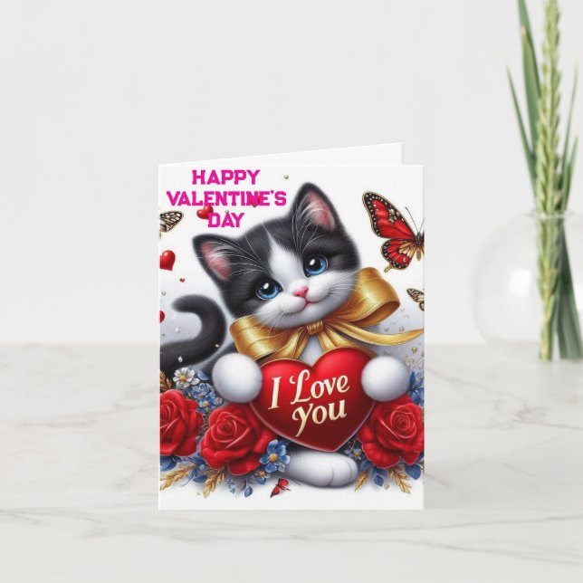 Love Hearts Cute Cat  and Roses Valentines Day Card (Front)