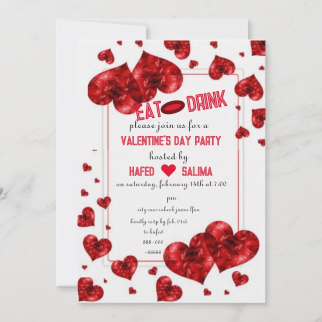 Love & hearts Eat, Drink &  Valentine's Day Party  Invitation (Front)