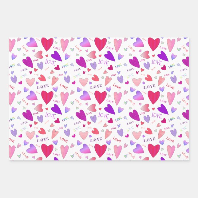 Love Hearts Engaged Anniversary Striped Pink Gift Wrapping Paper Sheet (Front)