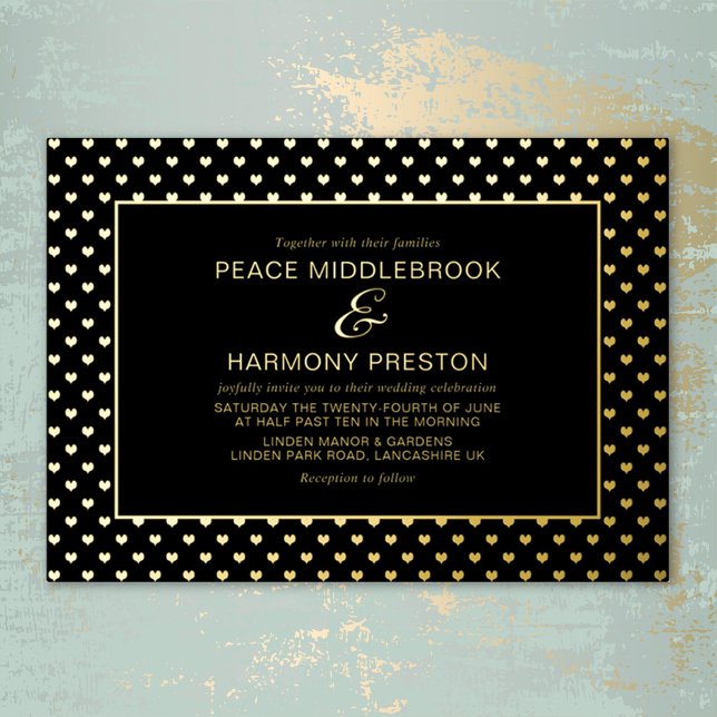 Love Hearts Gold Black Mariage Foil Invitation (Créateur téléchargé)