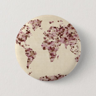 Love Hearts Map of the World Map 2 Inch Round Button
