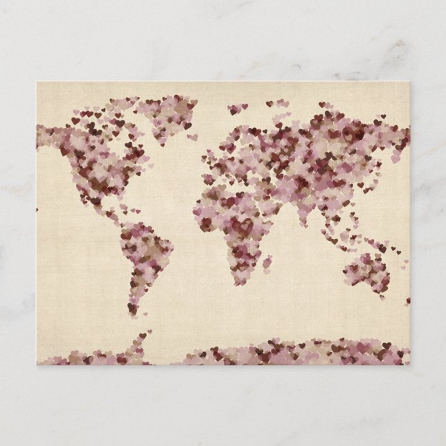 Love Hearts Map of the World Map Postcard (Front)