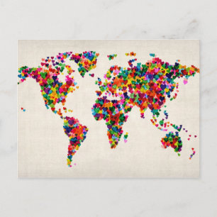 Love Hearts Map of the World Map Postcard