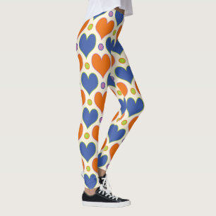 Love Hearts & Polka Dots pattern in Blue & Orange Leggings