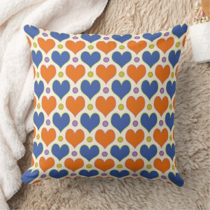 Love Hearts & Polka Dots pattern in Blue & Orange Throw Pillow