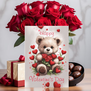 Love Hearts Teddy Bear and Roses Valentines Day Card