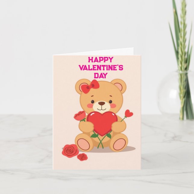 Love Hearts Teddy Bear and Roses Valentines Day Card (Front)