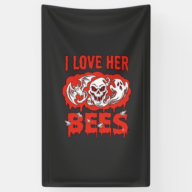 Love Her Bees Skull Ghost Bat Blood Drip Banner (Vertical)