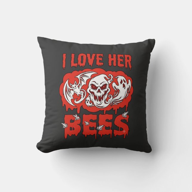 Love Her Bees Skull Ghost Bat Blood Drip Throw Pillow (Front)