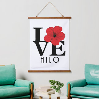 LOVE Hilo Hawaii Red Hibiscus  Hanging Tapestry