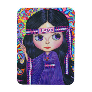Love Hippie Girl Peace Sign Cute Big Eye Magnet