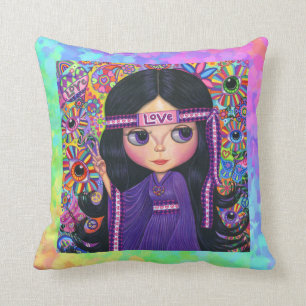 Love Hippie Headband Girl Doll Purple Psychedelic Throw Pillow