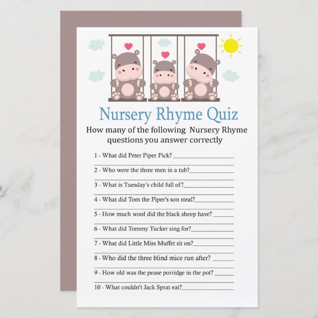 Love hippo Nursery Rhyme Quiz baby shower game (Front/Back)