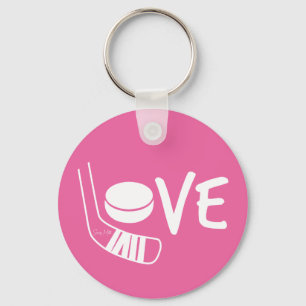 Love Hockey Ladies Girls Hockey Stick Puck Pink Keychain